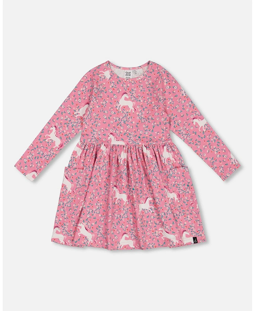 Deux par Deux Toddler Girls Printed Unicorn Dress With Pockets Pink