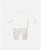 Deux par Baby Girls Organic Cotton Top And Printed Pants Set Cream With Flowers