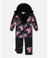 Deux par Big Girls One Piece Technical Snowsuit Black Printed Roses