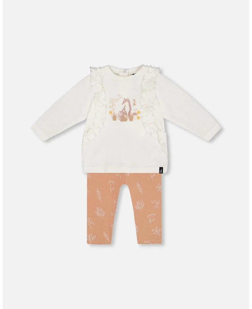 Deux par Baby Girls Organic Cotton Top And Printed Leggings Set White Cinnamon