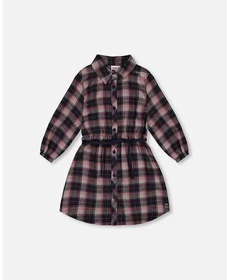 Deux par Deux Big Girls Shirt Flannel Dress With Belt Plaid Navy And Pink