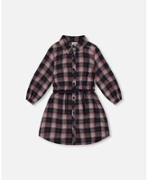 Deux par Deux Big Girls Shirt Flannel Dress With Belt Plaid Navy And Pink