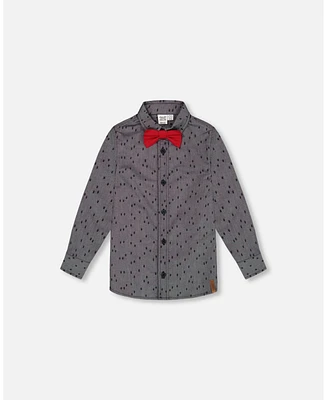 Deux par Big Boys Printed Pine Chambray Shirt With Bow Tie Gray