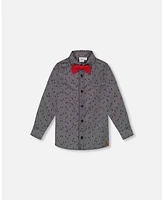 Deux par Big Boys Printed Pine Chambray Shirt With Bow Tie Gray