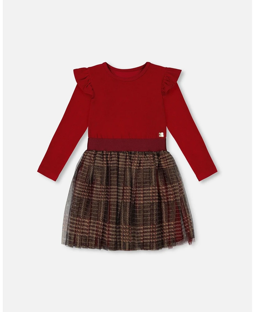 Deux par Big Girls Long Sleeve Dress With Glittering Tulle Skirt Red Plaid