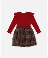 Deux par Big Girls Long Sleeve Dress With Glittering Tulle Skirt Red Plaid