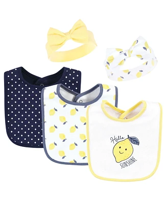 Hudson Baby Infant Girl Cotton Bib and Headband or Caps Set, Navy Lemon, One Size