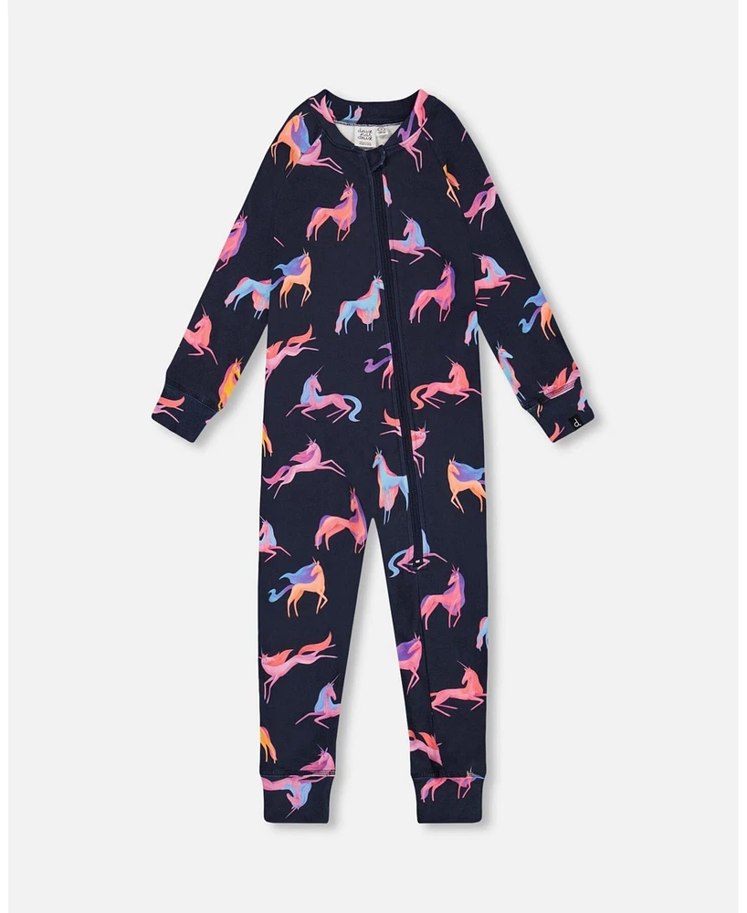 Deux par Big Girls One Piece Thermal Underwear Navy Printed Unicorn