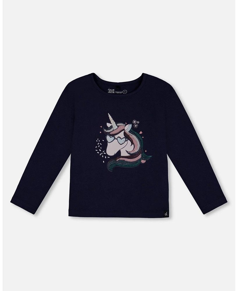 Deux par Little Girls Organic Cotton T-Shirt With Print Navy - Toddler|Child