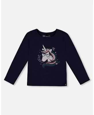 Deux par Little Girls Organic Cotton T-Shirt With Print Navy - Toddler|Child