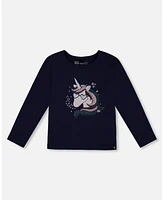 Deux par Little Girls Organic Cotton T-Shirt With Print Navy - Toddler|Child