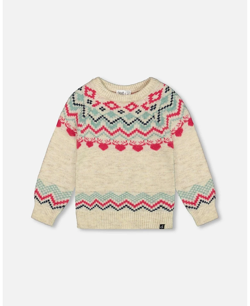 Deux par Toddler Girls Norwegian Jacquard Sweater Beige Mix - Toddler|Child