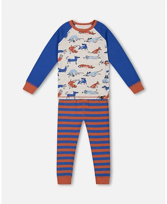 Deux par Baby Boys Organic Cotton Two Piece Pajama Set Blue And Orange Stripe