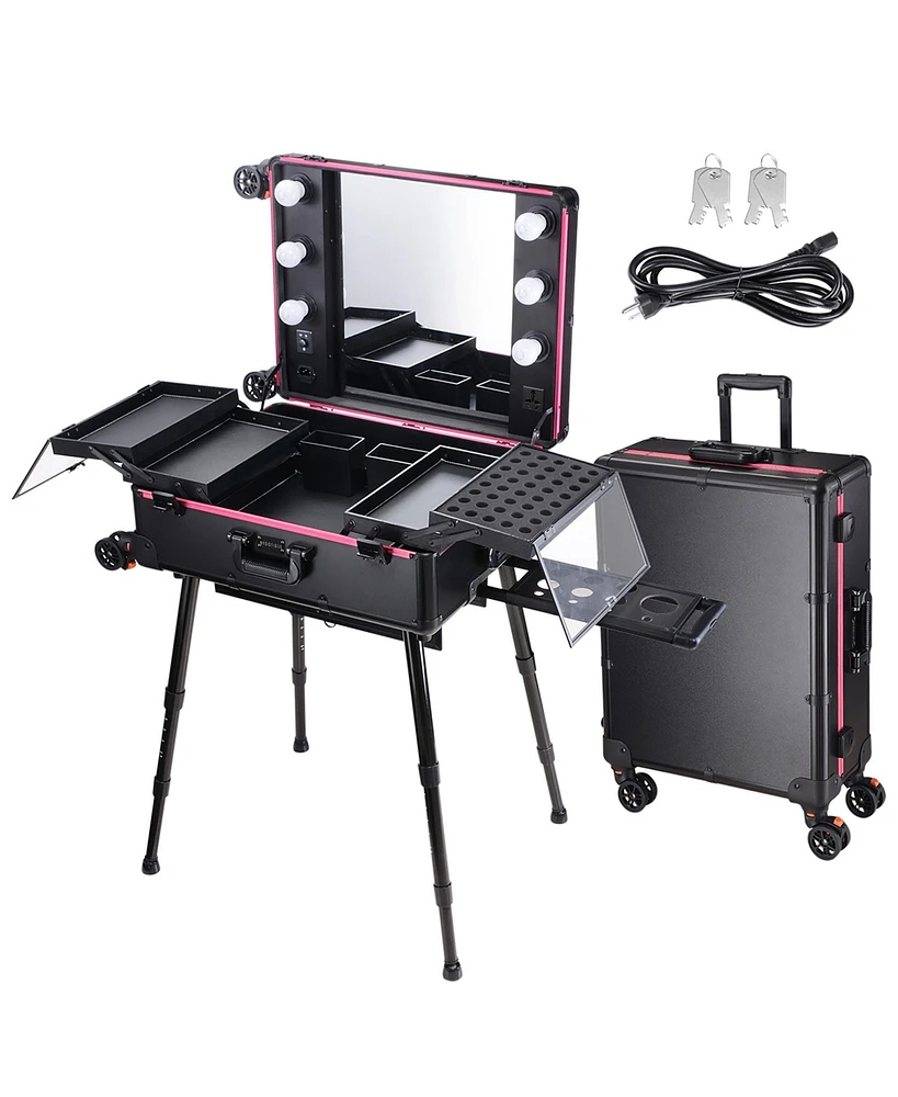 Byootique Rolling Makeup Case with Bulb Mirror Adjustable Leg Detachable Wheel