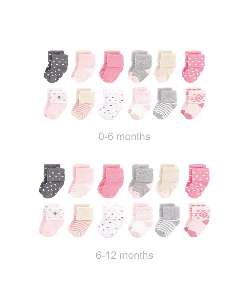 Hudson Baby Baby Girls Grow with Me Cotton Terry Socks, Pink Gray Aztec, 0-6 and 6-12 Months