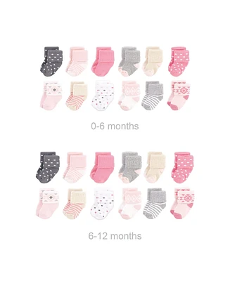 Hudson Baby Baby Girls Grow with Me Cotton Terry Socks, Pink Gray Aztec, 0-6 and 6-12 Months