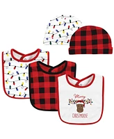 Hudson Baby Baby Boys Unisex Baby Cotton Bib and Headband or Caps Set, Christmoose, One