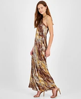 1.state Women's Printed Lace-Trim Halter Sleeveless Maxi Dress