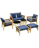 Gymax 7PCS Conversation Set Rattan Woven Chair Set w/ 2 Coffee Tables & 2 Ottomans