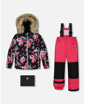 Deux par Toddler Girls Two Piece Snowsuit Black Printed Rose With Fuschia Pink