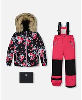 Deux par Toddler Girls Two Piece Snowsuit Black Printed Rose With Fuschia Pink