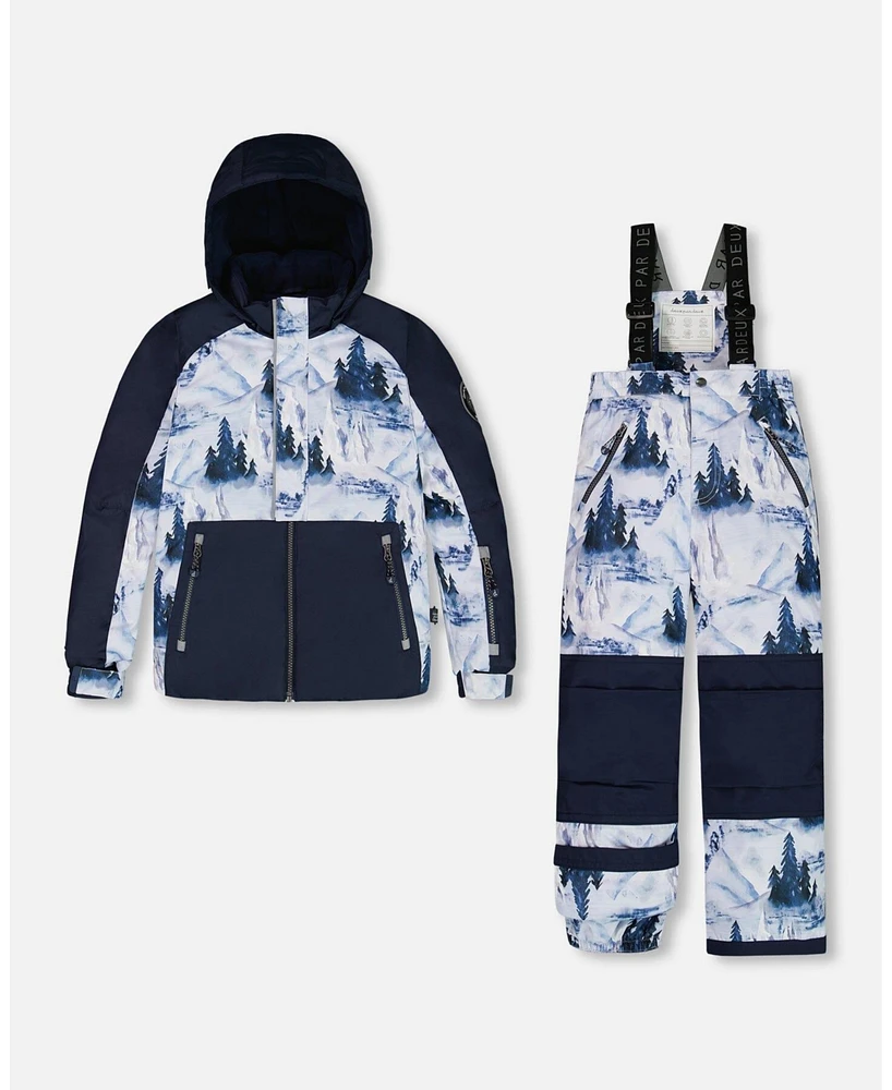 Deux par Big Boys Two Piece Snowsuit Navy Blue Watercolor Pine Print