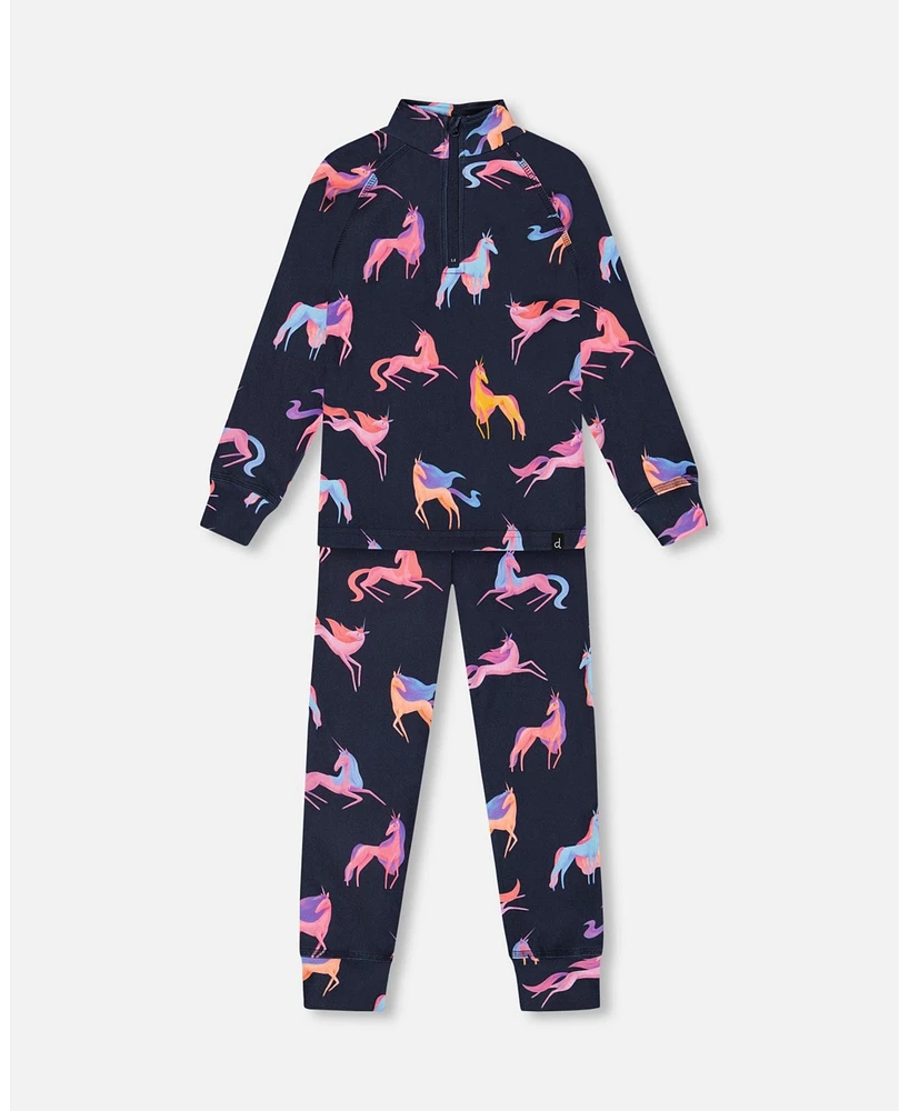 Deux par Little Girls Two Piece Thermal Underwear Set Navy Printed Unicorn - Toddler|Child