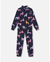 Deux par Little Girls Two Piece Thermal Underwear Set Navy Printed Unicorn - Toddler|Child