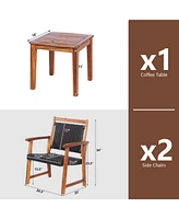 Gymax 3 Piece Brown Wicker Bistro Set Patio Chair Set of 2 w/ Acacia Wood Side Table