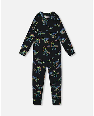 Deux par Baby Boys One Piece Thermal Underwear Black Printed Neon Dino