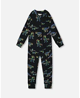 Deux par Baby Boys One Piece Thermal Underwear Black Printed Neon Dino