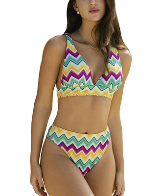 Cupshe Women's Multicolored Ripples Crossback Bikini Top & High-Rise Bottoms Set