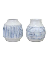 Slickblue Ribber Ceramic Vase With Washed Blue Finish (Set of 2)