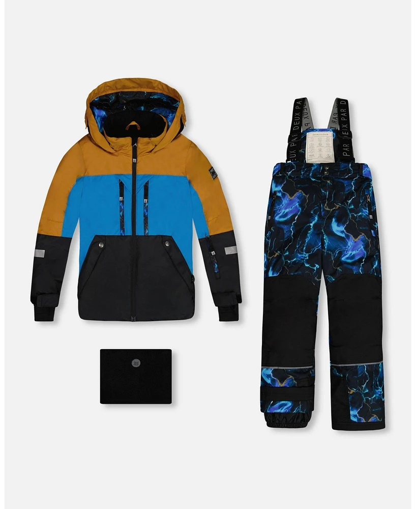 Deux par Little Boys Two Piece Technical Snowsuit Brown, Blue And Black With Printed Storm - Toddler|Child