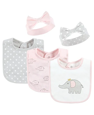 Hudson Baby Infant Girl Cotton Bib and Headband or Caps Set, Pink Gray Elephant, One Size