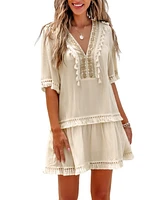 Cupshe Women's Beige Plunging Half Sleeve Tassel Mini Beach Dress