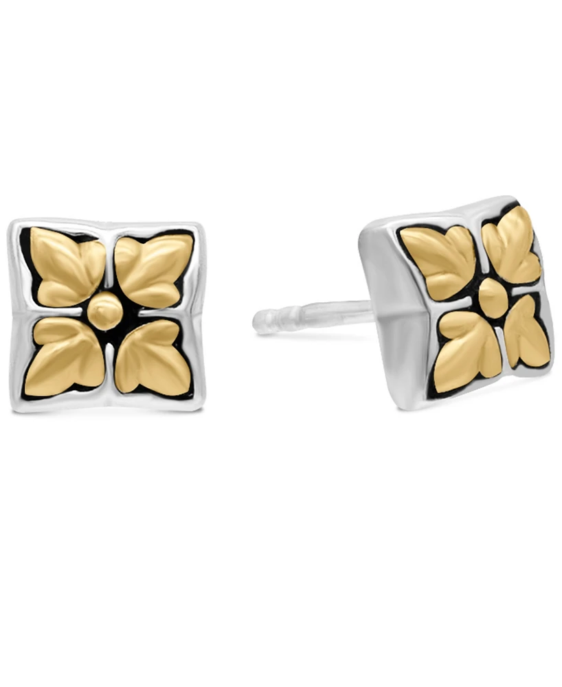 Devata Bali Flower Stud Earrings in Sterling Silver and 18K Gold