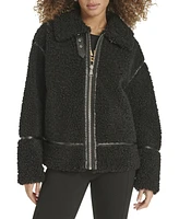 Karl Lagerfeld Paris Women's Faux-Leather-Trim Teddy Moto Coat