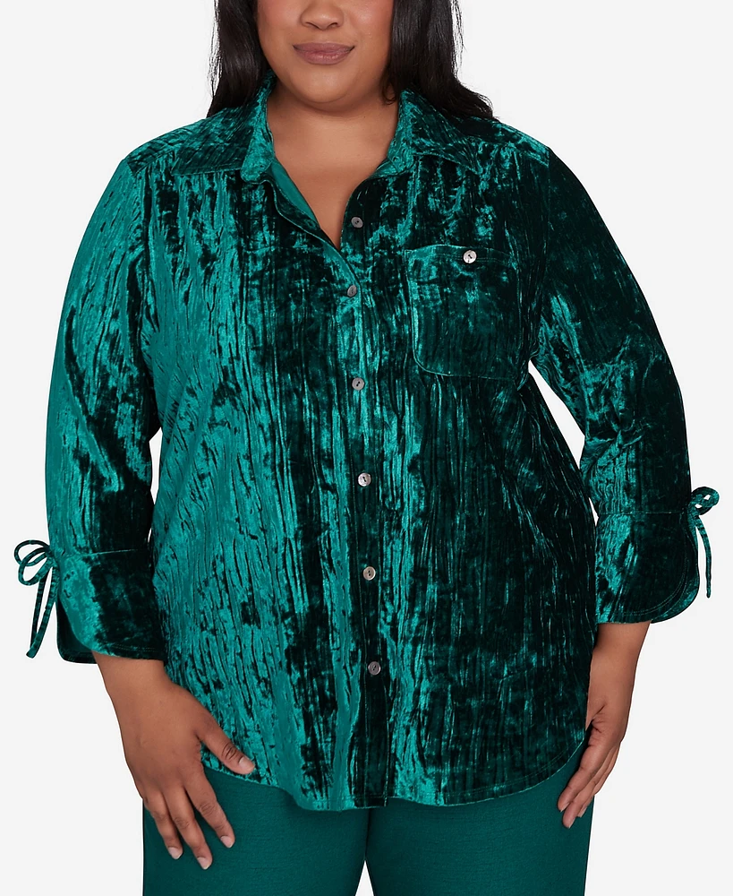 Alfred Dunner Plus Size Emerald Isle Crushed Velvet Emerald Button Front Top