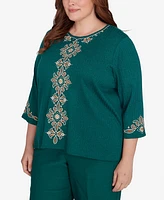 Alfred Dunner Plus Emerald Isle Center Medallion Embroidered Three Quarter Sleeve Top