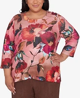 Alfred Dunner Plus Wine Country Women's Dramatic Floral Crew Neck Top With Necklace