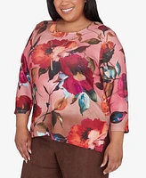 Alfred Dunner Plus Wine Country Dramatic Floral Crew Neck Top With Necklace