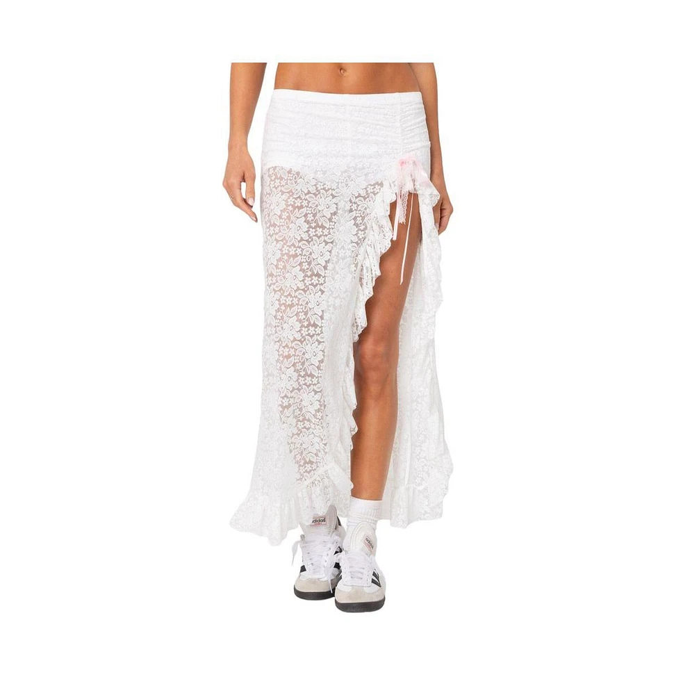 Edikted Women's Ruffled Sheer Lace Maxi Skort