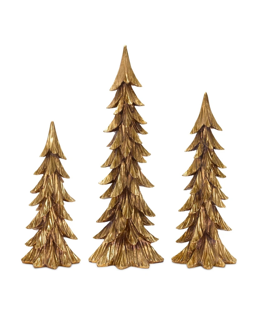 Slickblue Carved Stone Pine Tree Decor with Gold Finish (Set of 3)