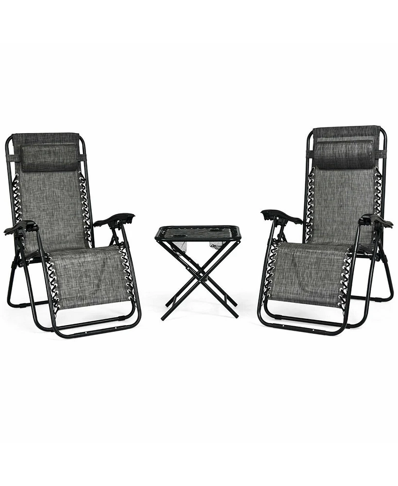 Gymax 3PCS Zero Gravity Recliner Lounge Chairs Pillows Table Portable Folding Grey