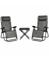 Gymax 3PCS Zero Gravity Recliner Lounge Chairs Pillows Table Portable Folding Grey