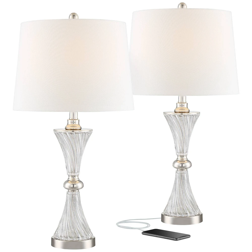 Regency Hill Luca Modern Table Lamps 25.5" High Set of 2 with Usb Charging Port Glass Chrome Silver Metal White Fabric Drum Shade for Living Room Bedr