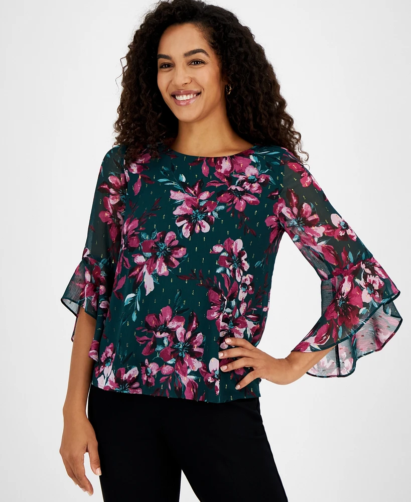 Kasper Women's Floral-Print Bell-Sleeve Ruffle Blouse