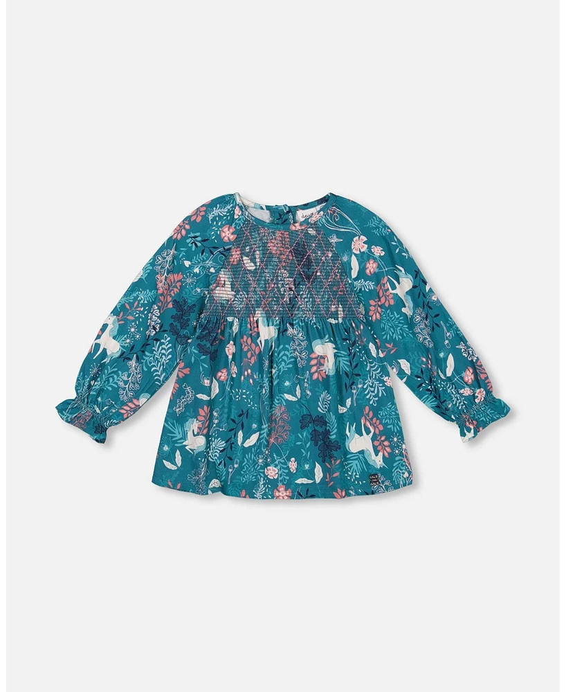 Deux par Big Girls Long Sleeve Viscose Blouse Turquoise Printed Fairy Unicorn