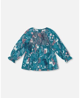 Deux par Big Girls Long Sleeve Viscose Blouse Turquoise Printed Fairy Unicorn